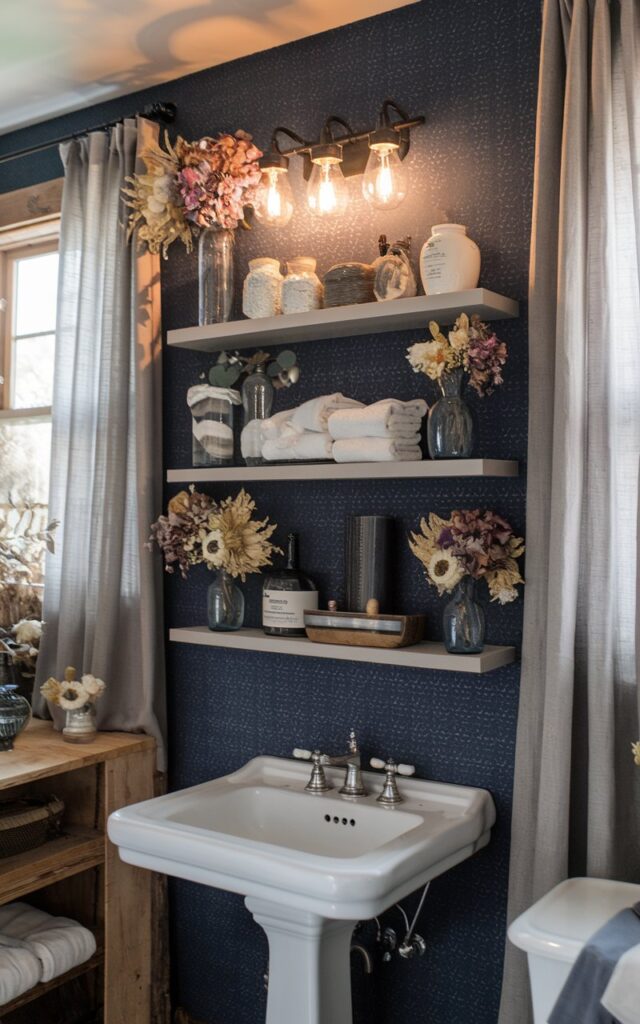 A photo of a rustic-modern cottagecore bathroom with a navy wallpaper accent wall. The wallpaper features a subtle geometric print. The rest of the room has a pedestal sink, open shelves filled with dried florals and vintage glass jars, and reclaimed wood accents. There are soft linen curtains and warm lighting. The overall space is cozy and inviting.