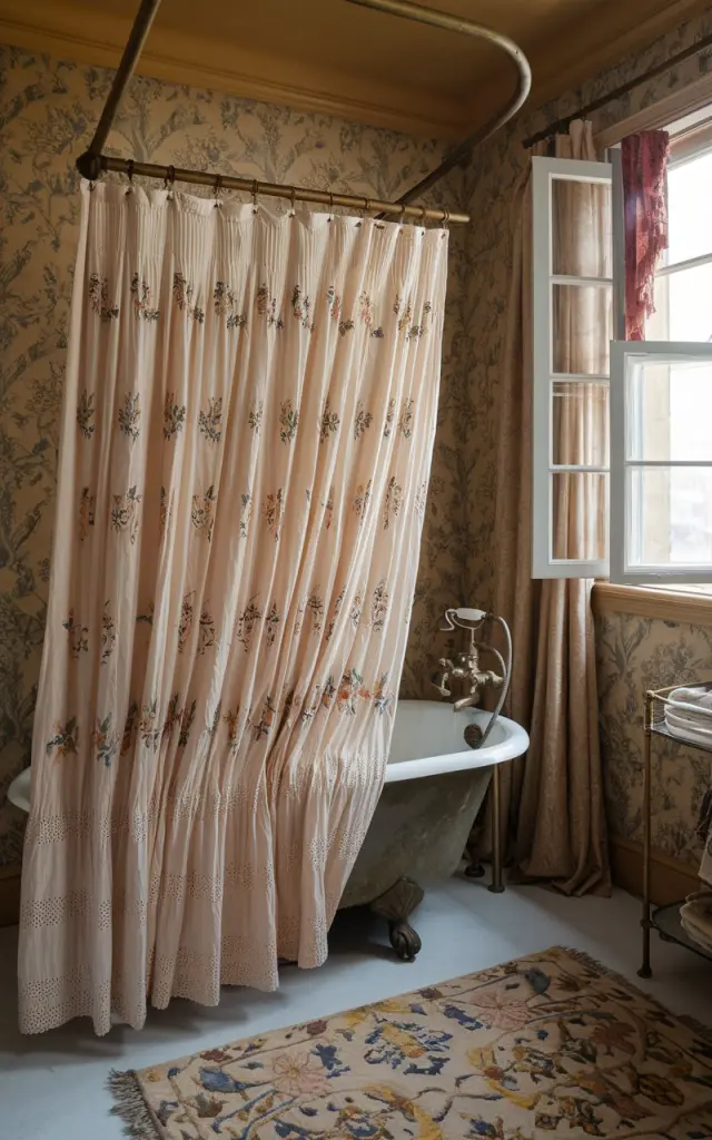 A photo of a vintage bathroom with a clawfoot tub, a soft, flowing cotton shower curtain embroidered with floral and lace-inspired patterns, antique brass fixtures, floral wallpaper, and a patterned rug. The curtain is held back by a wooden rod and pools near the tub. There's a window with curtains open to the outside. The bathroom has a warm, golden hue.