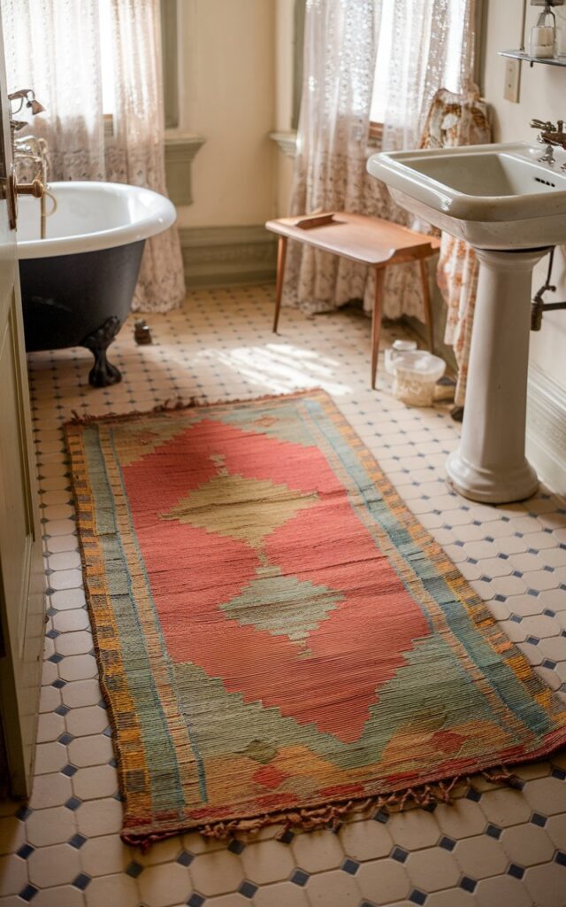 A photo of a cozy vintage bathroom with an antique woven rug in warm reds, faded blues, and soft earthy tones laid across a classic tiled floor. The rug's intricate pattern is slightly worn, adding texture and timeworn charm to the space. Around it, vintage elements like a clawfoot tub, pedestal sink, and brass fixtures complement the rich tones of the rug. The walls are painted in a soft neutral, with natural light filtering through lace curtains, creating a warm, lived-in atmosphere that feels both elegant and inviting.