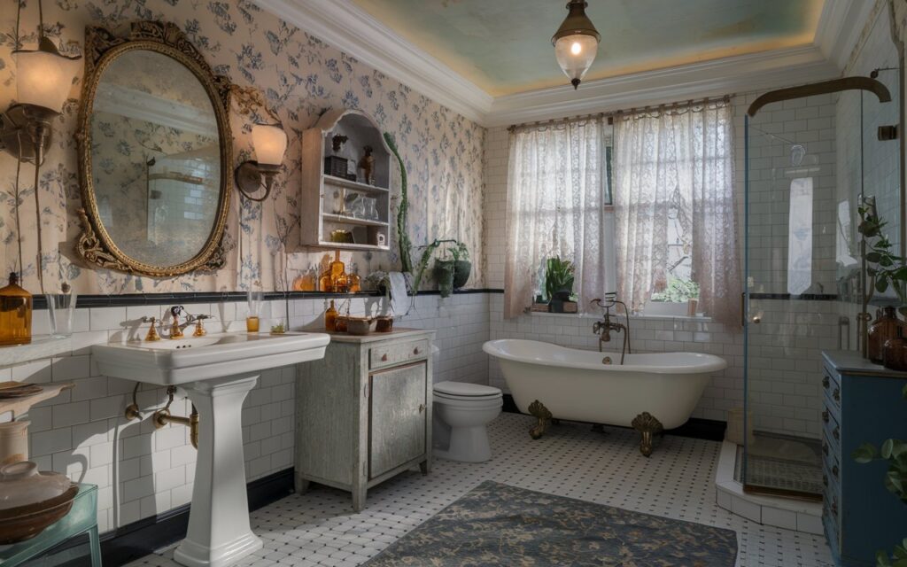 A photo of a cozy vintage bathroom full of timeless charm. The room features a classic white clawfoot tub with brass fixtures, set against floral wallpaper. The floor is tiled in black-and-white checkerboard. There is a pedestal sink with ceramic cross-handle taps, below an ornate gilded mirror, flanked by frosted glass sconces. Lace curtains filter gentle natural light, casting soft shadows across a distressed wood vanity, amber glass bottles, and a ceramic pitcher-and-bowl set on an open shelf. The bathroom also has a toilet, glass door shower area, recessed ceiling with vintage-style pendant light, patterned floor rug, and a vintage apothecary cabinet. The room also has a few plants.