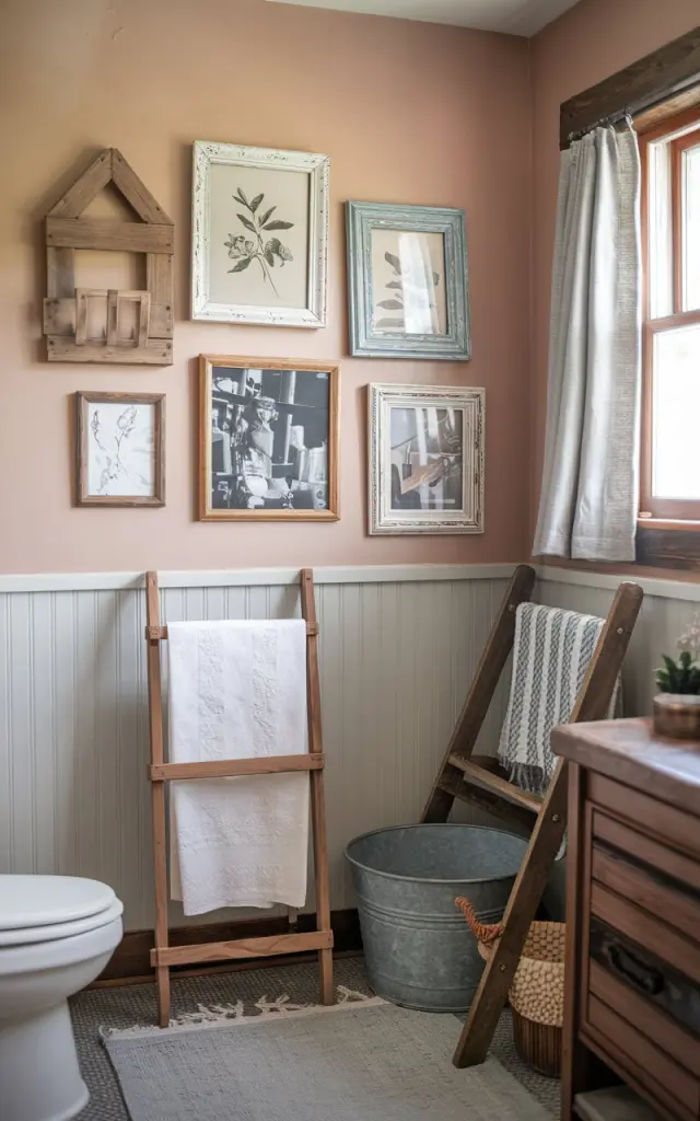 A photo of a cozy vintage farmhouse bathroom with warm wood accents and rustic charm. On a softly painted beadboard wall, a small gallery of 3-4 mismatched thrifted frames is arranged casually in a cluster. The frames vary in size, finish, and color—some distressed white, others natural wood or chipped paint—holding a mix of vintage botanical prints, black-and-white photos, and rustic illustrations. Nearby, a wooden ladder towel rack, a galvanized metal bucket, and linen curtains add to the lived-in, farmhouse warmth. The bathroom has a toilet, a vanity, curtained window, floor rug, etc.