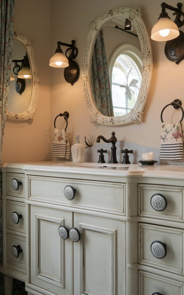 A photo of a cozy vintage-inspired bathroom. The room has a classic white vanity with ceramic matte black pulls and knobs, featuring motif designs. The cabinetry has charming panel details and a slightly distressed finish. There are antique-style wall sconces with a light on, and a floral-framed mirror. The hardware's matte black finish ties in with other accents, like the faucet and towel rings, while maintaining the room's nostalgic character.