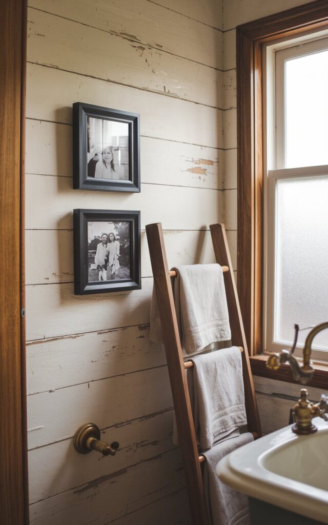A cozy vintage rustic bathroom with warm wood accents and distressed white walls. On one wall, there are two to three black-and-white family photos mounted in simple, minimalist black frames arranged in a clean horizontal line. The frames contrast softly against the textured wall, which has subtle peeling paint or shiplap panels. Near the photos, a wooden ladder leans casually with folded linen towels. Vintage brass fixtures add warmth to the space. Soft natural light filters through a frosted window, enhancing the nostalgic, homey atmosphere.