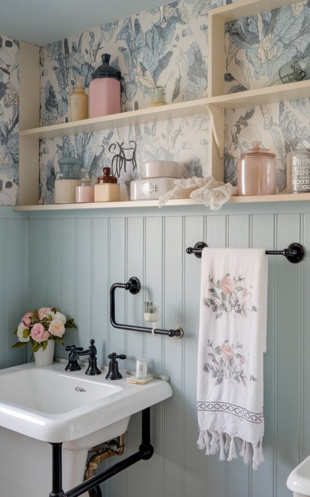 A dreamy cottagecore bathroom with pale blue walls that evoke a soft, vintage calm. The room features matte black fixtures like a sleek faucet and towel bar, with a designer towel. The gentle pastel backdrop sets a romantic tone, while the black accents ground the space and add a touch of modern edge. Floral prints, lace-trimmed linen, and antique-style jars rest on an open wooden shelf, blending rustic charm with subtle sophistication. The overall look is sweet and cozy, with just enough contrast to keep it fresh.