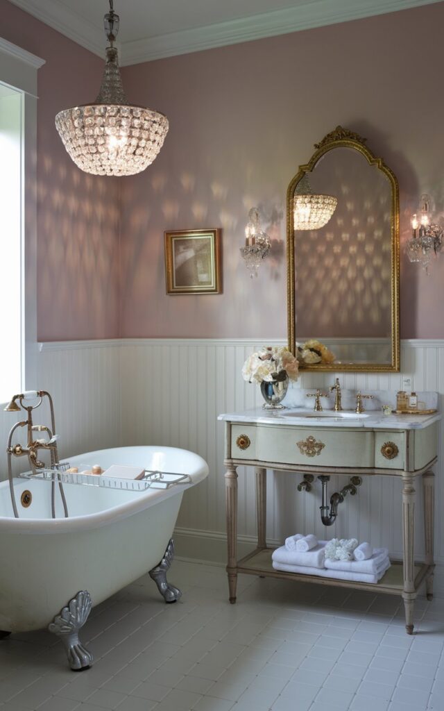 A photo of a dreamy vintage bathroom with a sparkling crystal pendant light hanging gracefully above a freestanding clawfoot bathtub. The pendant casts delicate reflections across the soft pastel walls and white beadboard paneling, creating a romantic, twinkling ambiance. Nearby, a vintage vanity with curved legs and gold hardware sits beneath a gilded mirror, topped with a mirrored tray holding perfume bottles and rolled towels. No natural light; only light from pendant light.