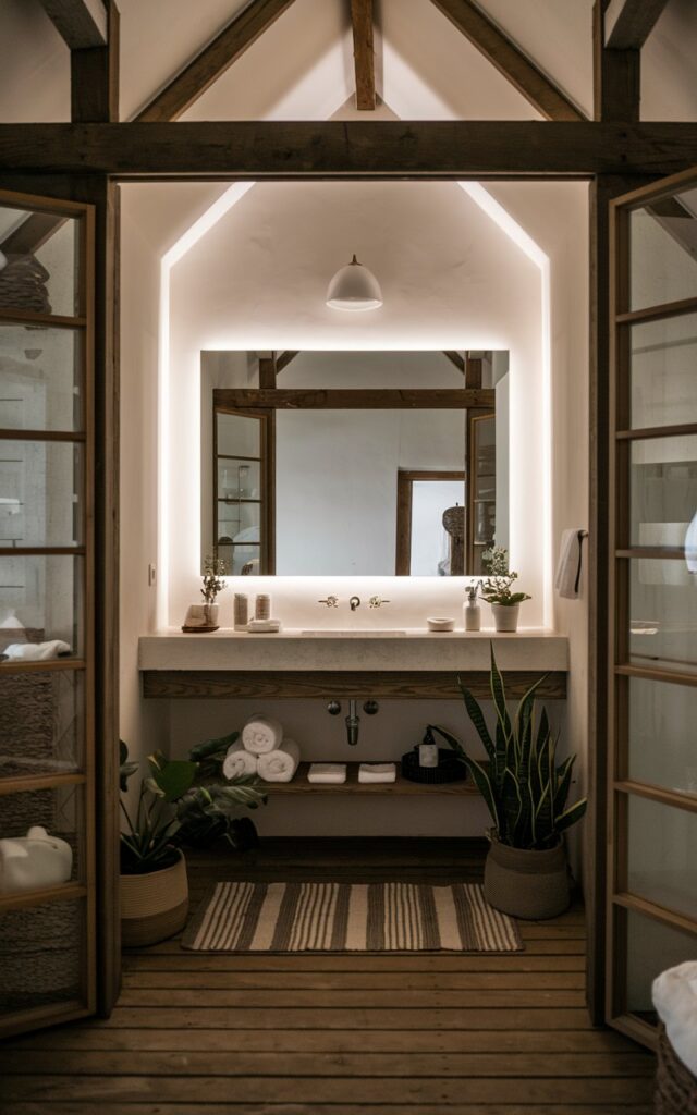 A photo of a farmhouse with a minimalistic bathroom. The bathroom features a vanity with a frameless mirror that has LED backlit. The bathroom and vanity are fully furnished. The room has wooden elements and a few potted plants. There is no natural light in the bathroom.