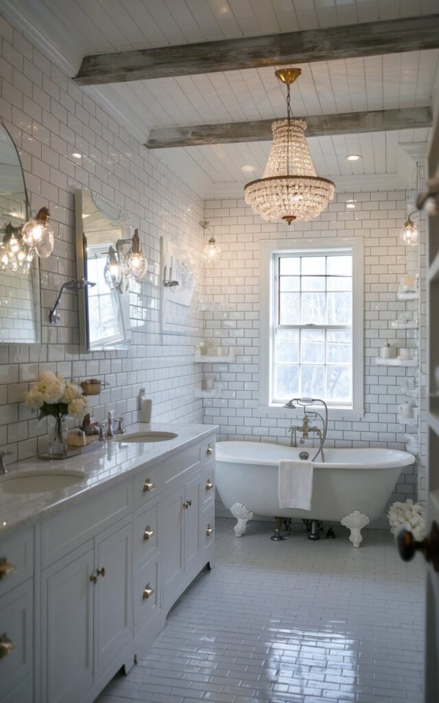 A photo of a farmhouse-meets-glam white bathroom. The walls are covered in glossy white subway tiles that shimmer under soft lighting. There are matte-finish shaker cabinets with brass hardware. Above the vintage clawfoot tub, there's a crystal chandelier. The bathroom has distressed wood accents on the walls and ceiling. The floor is covered in white tiles. The room has a balanced space, being cozy and inviting, yet polished and refined.