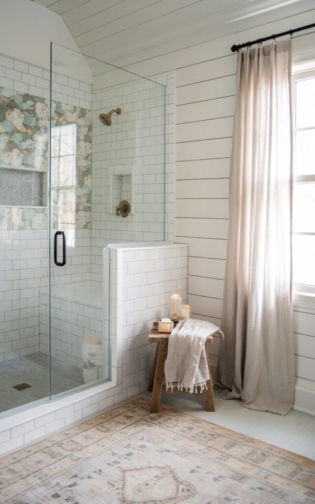 A photo of a farmhouse, with a modern cottagecore bathroom with a minimalistic touch. The bathroom has a frameless glass shower door in place of traditional curtains, with white subway tiles and soft floral tiles. There is a shiplap wall, a rustic wooden stool with a linen towel draped over it, and a vintage rug in soft pastel tones. The room has natural light from a nearby window dressed in light linen curtains. The overall vibe is airy, romantic, and thoughtfully simplified.