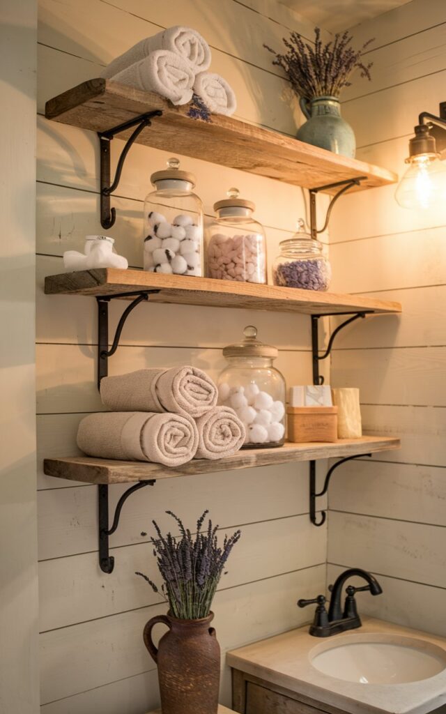 A photo of a farmhouse-style bathroom with open rustic wooden shelves made of weathered oak, mounted on black wrought iron brackets. The shelves are styled with neatly rolled beige towels, vintage glass apothecary jars filled with cotton balls and bath salts, and a ceramic jug holding dried lavender. The wall behind the shelves is covered in soft white shiplap or distressed paint. Below the shelves, an apron-front vanity adds to the rustic charm. The lighting is warm and welcoming, with golden hour lighting.
