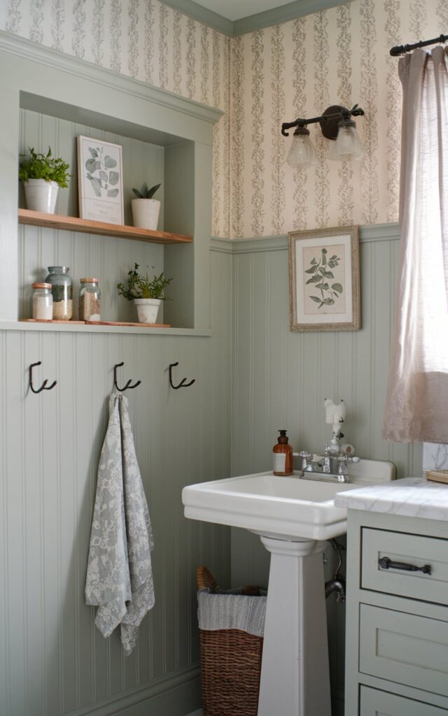 A photo of a farmhouse-style bathroom with soft sage beadboard walls. There's a built-in wooden shelf ledge above the paneling, where mason jars, mini potted herbs, and a framed botanical print are placed. The wall continues upward into a vintage wallpaper pattern. Below, there's a pedestal sink and a shaker-style vanity. Wrought iron hooks, a wicker basket, and a cozy linen curtain are the finishing touches. The overall space is charming, rustic, practical, and welcoming.