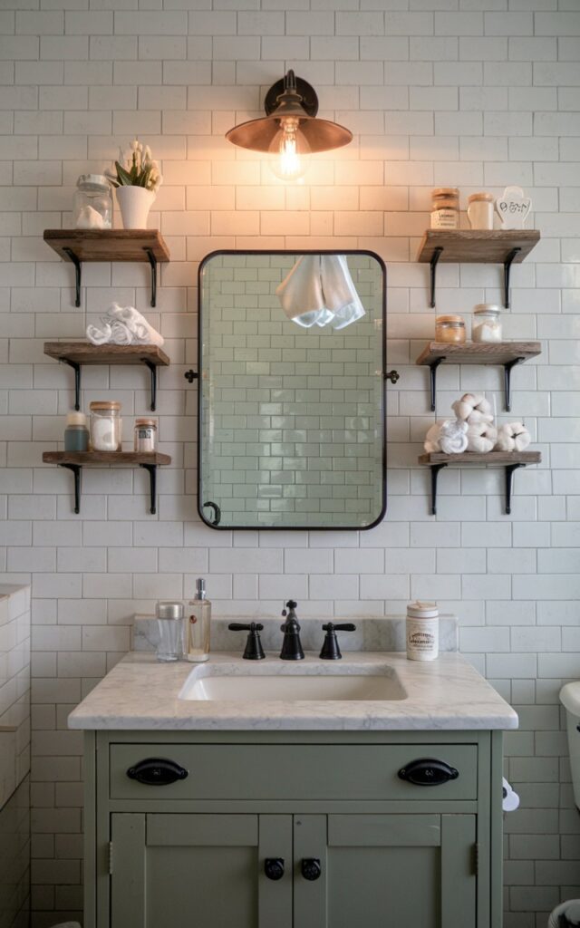 A photo of a farmhouse-style bathroom with a rectangular mirror framed by slim, wraparound wooden shelving on the top and both sides, creating a built-in look. The shelves are made of distressed wood, holding small mason jars, cotton rounds, and vintage-style toiletries. The mirror hangs above a shaker-style vanity in muted sage, with black hardware and a ceramic sink. The backdrop features classic white subway tile with a dark grout line. Overhead, a barn-style light fixture casts a warm glow, tying together the cozy, functional charm of a lived-in farmhouse aesthetic.