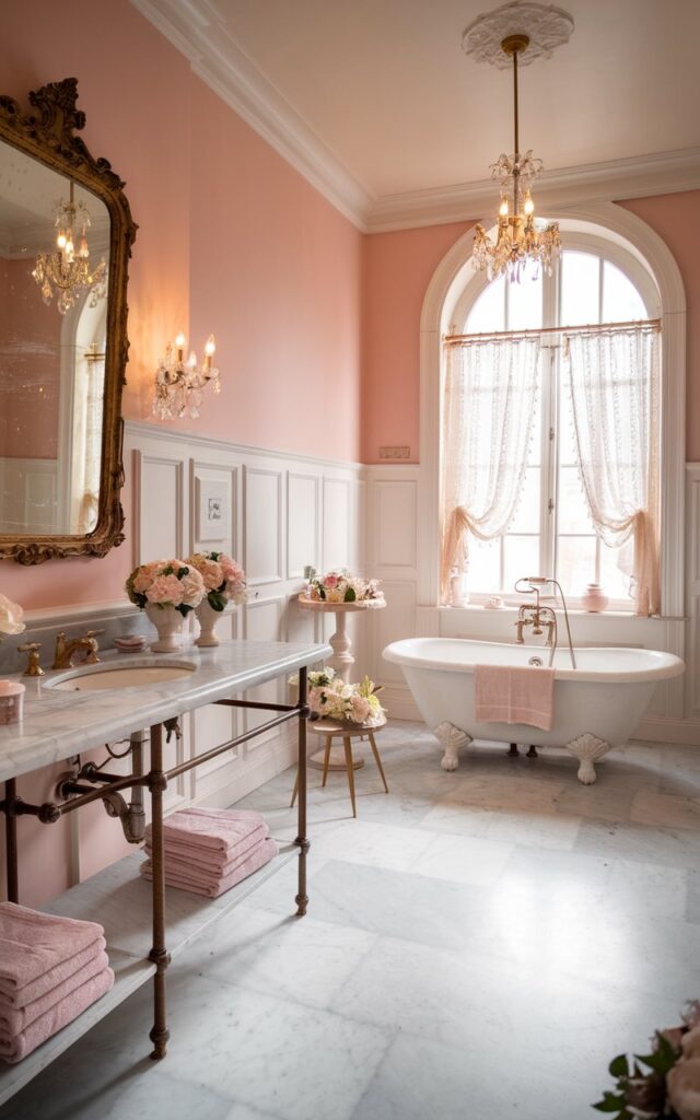 A photo of a fully furnished European-style bathroom with soft blush pink walls, radiating elegance and romance. There is classic marble flooring and white paneled wainscoting that frames the space with Old World charm. A freestanding clawfoot tub sits beneath a grand arched window dressed in lace curtains. An antique gold-framed mirror hangs above a marble-topped vanity with brass fixtures. Crystal sconces and a vintage chandelier add warm, glowing light. The room contains delicate floral arrangements, folded linen towels, and dainty porcelain accents. The natural light is soft and ambient.