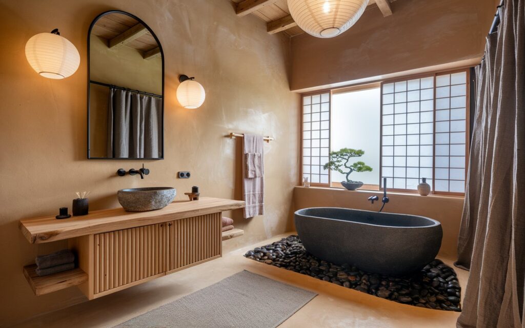 A photo of a fully furnished Japandi-style bathroom that blends warm Scandinavian simplicity with Japanese minimalism. The space includes a floating natural wood vanity with a stone basin sink, matte black wall-mounted fixtures, and a large arched mirror above. Soft washi-style wall sconces provide ambient lighting. A freestanding soaking tub sits nearby, framed by a pebble platform. The walls are finished in warm smooth tadelakt plaster tones. Touches of texture—linen curtain, a tatami-style mat, and fluted wood panels—add depth. Handcrafted ceramics, a bonsai on the windowsill, and a hint of essential oil steam complete the tranquil, spa-like feel. Natural light is soft, ambient. The ceiling has a paper lantern with light on.