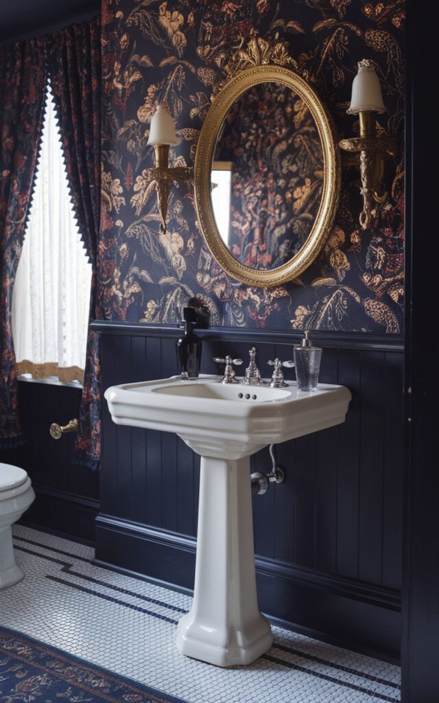 A photo of a Victorian powder room with a high-gloss finish slim porcelain pedestal sink. Above the sink, there is an oval gilt-framed mirror with two antique brass wall sconces. The background features dark floral wallpaper with ornate patterns in deep burgundy, navy, and gold. The floor is laid with black-and-white mosaic tile. The powder room also has a toilet, curtained window, and floor rug. The natural light is soft and filtered.