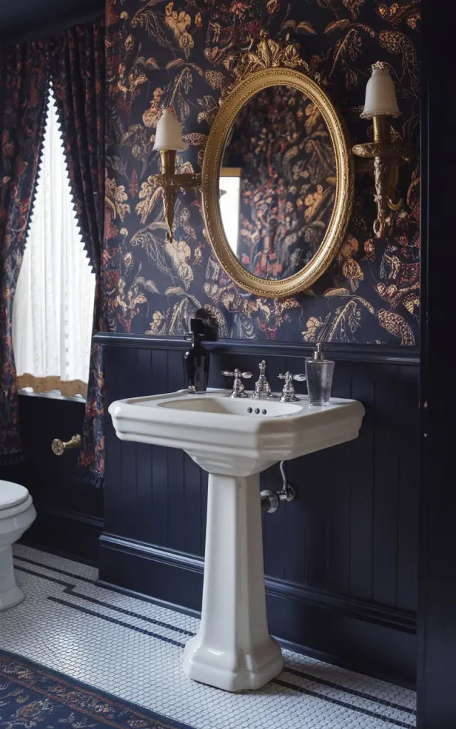 A photo of a Victorian powder room with a high-gloss finish slim porcelain pedestal sink. Above the sink, there is an oval gilt-framed mirror with two antique brass wall sconces. The background features dark floral wallpaper with ornate patterns in deep burgundy, navy, and gold. The floor is laid with black-and-white mosaic tile. The powder room also has a toilet, curtained window, and floor rug. The natural light is soft and filtered.