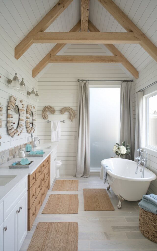 A photo of a fully furnished bathroom painted in crisp classic white. The bathroom has shiplap walls and a vaulted ceiling with exposed natural wood beams. There are coastal-inspired accessories like driftwood mirrors, sea glass soap dishes, and woven jute rugs. There are also alpine elements such as cozy wool towels, pinewood cabinetry, and stone accents. The bathroom features a freestanding white clawfoot tub next to a large frosted window. Brushed nickel fixtures and soft linen curtains add airy elegance. The space feels fresh, bright, and perfectly balanced between seaside calm and mountain warmth.