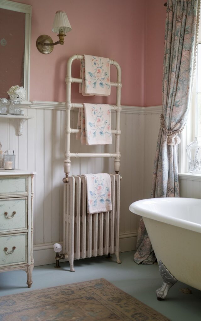 A photo of a fully furnished charming shabby chic bathroom with soft pastel walls and distressed white wood paneling. There is a slender, vertical radiator in antique white with curved bars that double as a towel warmer. Delicate floral-print towels hang neatly. The bathroom also has a clawfoot tub, a vintage vanity, curtained window, and a patterned rug. The space feels cozy, feminine, and perfectly aged with elegance.