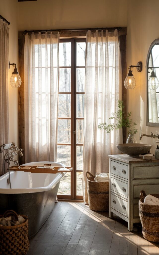 A photo of a cozy farmhouse-style bathroom with a freestanding tub, a distressed wood vanity with a vessel sink, and vintage wall sconces. The room has warm light. There are sheer beige curtains near the large window, which gently filter natural light. The walls and floor are made of wood. There are woven baskets and greenery in the space.