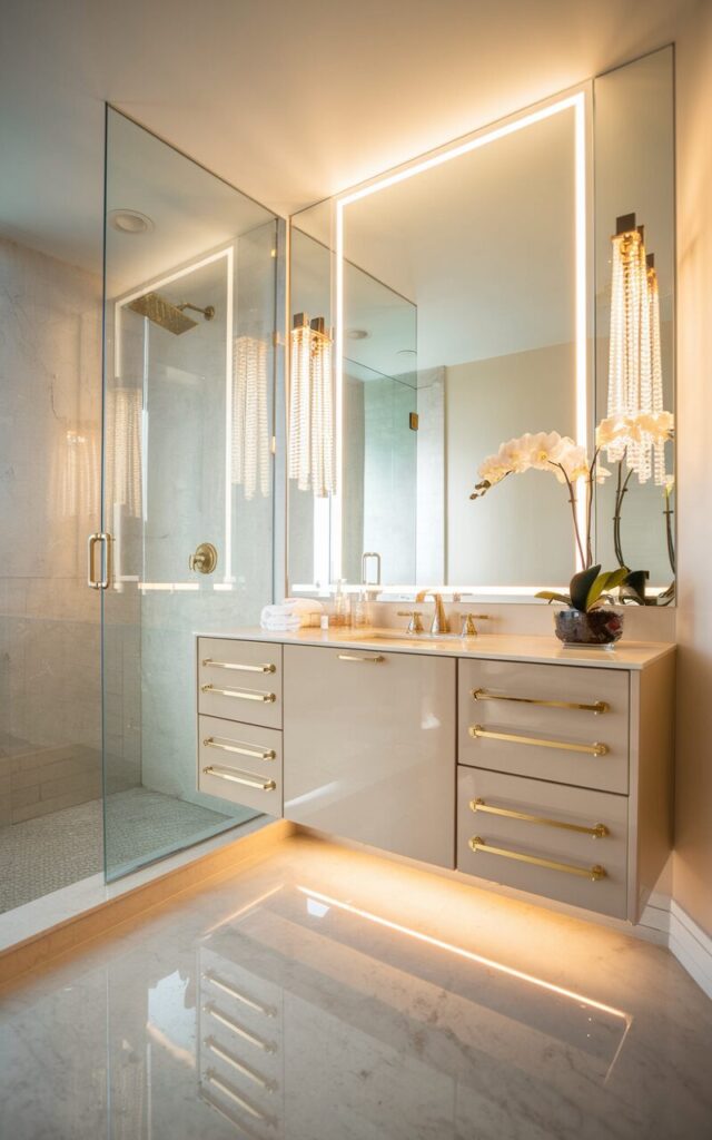 A photo of a fully furnished glam minimalistic bathroom with a floating vanity in high-gloss soft beige, accented with sleek gold handles. There is a statement backlit mirror and crystal or brass fixtures. The bathroom features a frameless glass shower, minimal wall art, and a single orchid or pampas grass stem in a glass vase. The floor is polished marble. The lighting comes from under-cabinet LED strip lighting, casting a soft, warm glow. The image is shot with no natural light.