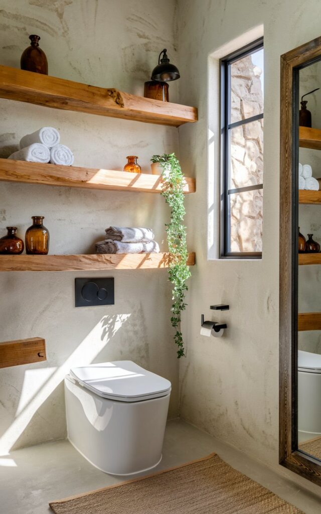 A photo of a modern rustic bathroom with a fully furnished and sleek design. The floating wooden shelves above the white, minimal toilet are made of medium-toned wood with clean edges. The shelves are styled with rolled white towels, amber glass jars, and a small trailing plant in a ceramic pot. The backdrop is a textured, light stone or plaster wall. Matte black fixtures, a reclaimed wood-framed mirror, and a neutral-toned woven rug complete the look. Natural light filters in through a black-trimmed window, casting warm shadows and enhancing the earthy, cozy atmosphere.