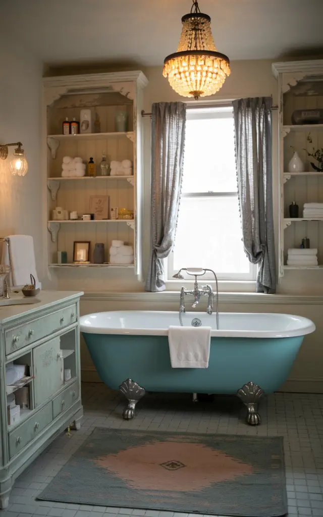 A photo of a vintage bathroom with a powder blue clawfoot tub and silver legs. There's a distressed vanity, a curtained window, a floor rug, and vintage open shelves with essentials. A chandelier with warm light glowing hangs above the tub. The bathroom has a soft, ambient natural light.