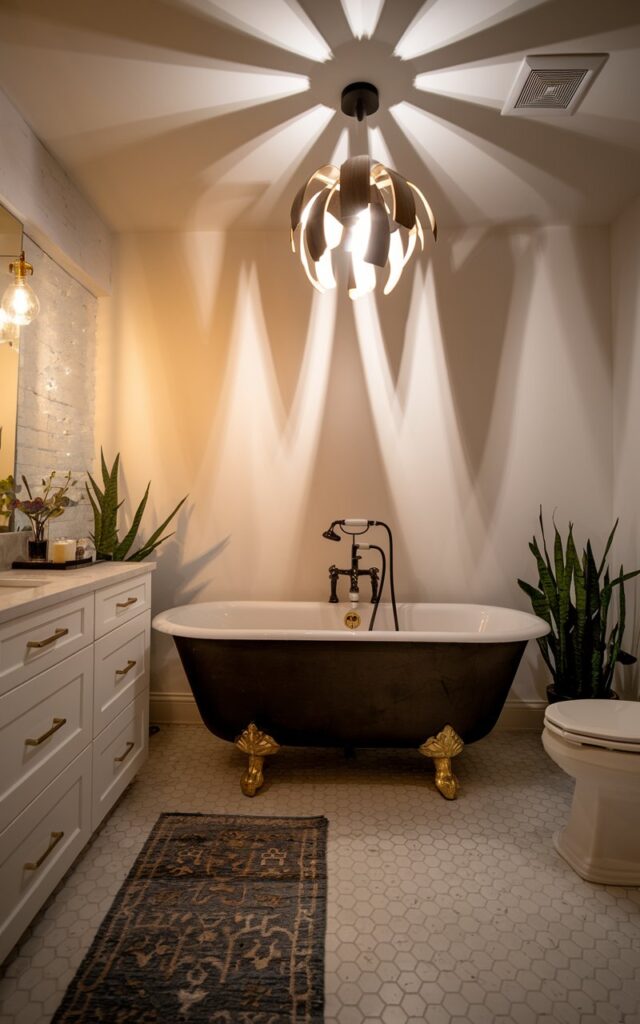 A photo of a glam-contemporary white bathroom with a matte black freestanding bathtub and gold accent legs. Above the bathtub, there is a sculptural pendant light casting dramatic shadows. The bathroom has a vanity, floor rug, a toilet, and a few plants. The lighting is warm.