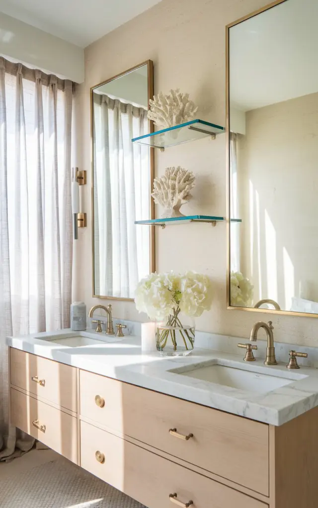 A photo of a glam-meets-California coastal bathroom with a dual vanity mirror framed in brushed brass, separated by two sleek glass shelves. The shelves hold a sculptural coral piece, a luxury candle, and a clear vase with white florals. The walls are sandy beige with a subtle texture. Below, a floating white or light oak vanity features gold fixtures and marble countertops. Sunlight pours in through sheer linen curtains, highlighting coastal tones and a polished, breezy aesthetic with a hint of opulence.