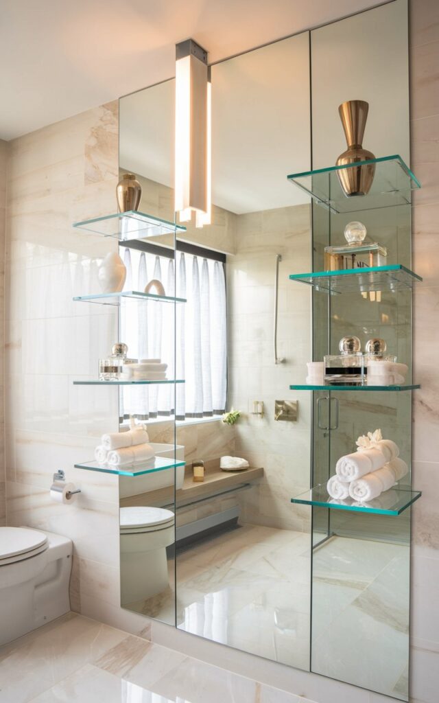 A photo of a glam-meets-contemporary bathroom with a large statement mirror and floating shelves made of clear glass. The shelves are balanced on either side of the mirror and hold designer perfumes, sculptural vases, and rolled hand towels. The bathroom has large-format marble tiles in ivory or soft blush as the backdrop. There is a linear pendant light, adding a soft glow. The bathroom also contains a toilet, shower area, and a curtained window.