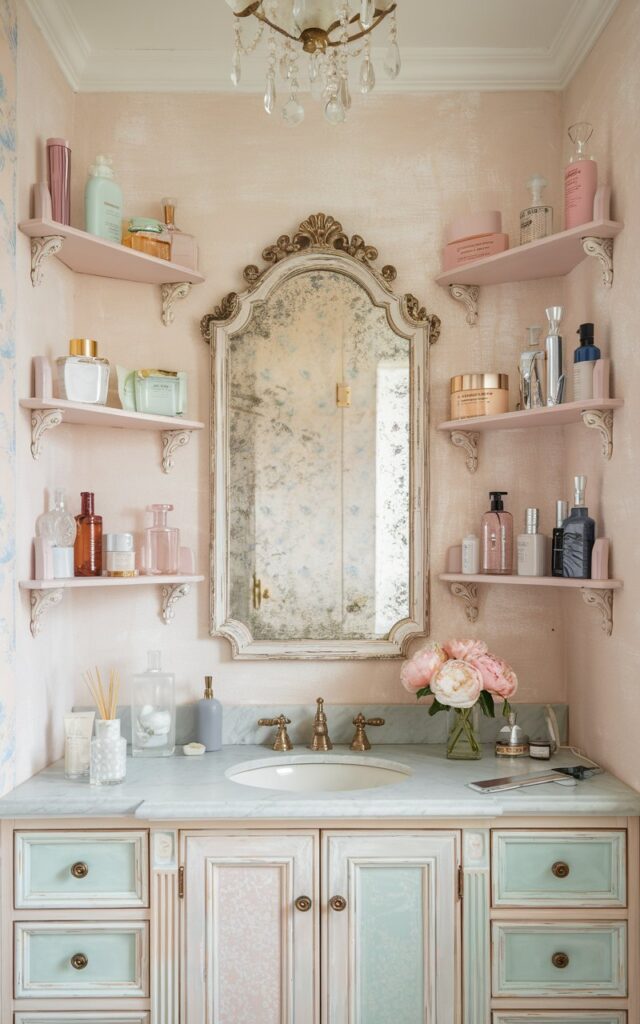 A photo of a glam meets shabby chic bathroom with narrow, whitewashed wooden ledges flanking a vintage-style vanity. The ledges hold an array of crystal perfume bottles, delicate skincare jars, and a small vase with fresh peonies. The vanity features an ornate mirror with a distressed gold frame, soft pastel cabinetry, and a marble countertop. The backdrop is a pale blush or cream textured wall with subtle floral wallpaper accents. Soft, warm lighting from a chandelier above adds a luxe glow, blending shabby charm with sophisticated glamour effortlessly.