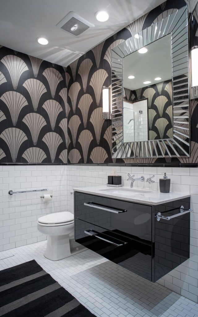 A photo of a glamorous Art Deco bathroom with bold black-and-white geometric wallpaper on all walls, featuring stylized fan and chevron motifs. The sleek black nickel fixtures, such as a wall-mounted faucet and a towel bar, contrast against the glossy white subway tiles on the lower half. A streamlined floating vanity in ebony lacquer with a white marble countertop sits beneath a sunburst-patterned mirror framed in polished chrome. The ceiling has LED lights. The bathroom also has a toilet, shower area, and a floor rug.