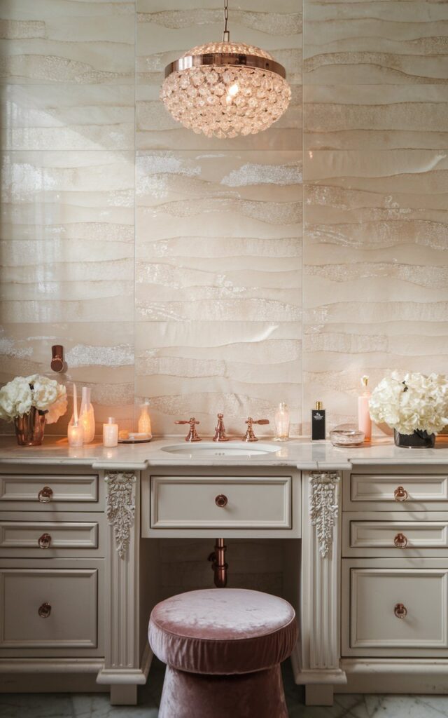 A photo of a glamorous bathroom with a luxe vanity. The wall behind the vanity features large-format porcelain tiles with a subtle linen-textured pattern in soft ivory or warm greige tones. The tiles have a delicate sheen that catches the ambient lighting. The vanity is high-end, with a marble countertop, rose-gold fixtures, and cabinetry. A statement crystal pendant light with warm light is hung overhead. The bathroom is also decorated with a velvet stool, scented candles, and a designer perfume bottle. The natural light in the bathroom is soft and ambient.