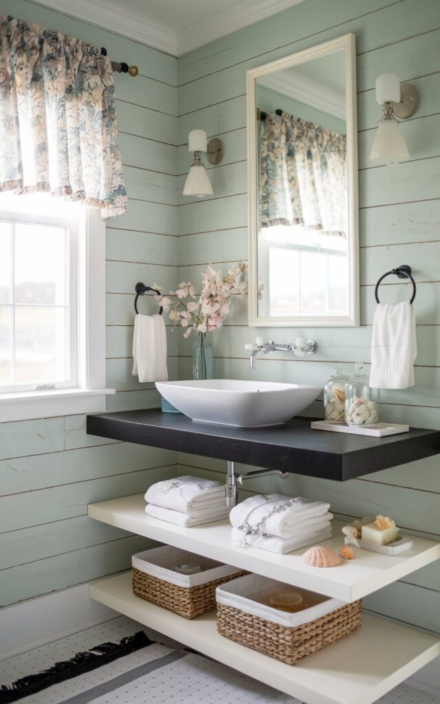 A photo of a light and breezy bathroom that blends coastal charm with cottagecore whimsy. There is a crisp white vessel sink perched on a matte black floating vanity. The vanity has clean, modern lines that contrast beautifully with soft, weathered shiplap walls in a seafoam or driftwood tone. Open shelving beneath holds woven baskets and seashell-decorated soap, while dainty floral curtained window and vintage glass jars add nostalgic touches. Soft natural light pours in, highlighting the playful balance between airy coastal elements and the grounded elegance of black and white contrast.