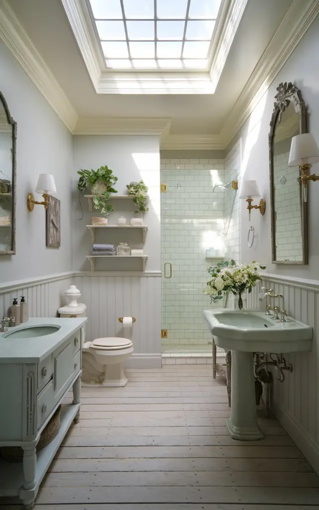 A photo of a light-filled Gustavian-style bathroom with pale, chalky hues of soft gray, muted sage, and antique white. The room is gently brightened by a large, elegant skylight overhead. The natural light pours through the skylight, illuminating carved wood accents, a delicate pedestal sink, and weathered pine floorboards. The light brings out the patina of the painted furniture and highlights the graceful symmetry of neoclassical details. Subtle gilded touches on a mirror and fixtures catch the daylight just enough to glow without glitter. The bathroom has a vanity, a toilet, open shelves with essentials, an enclosed shower area, and a few plants.