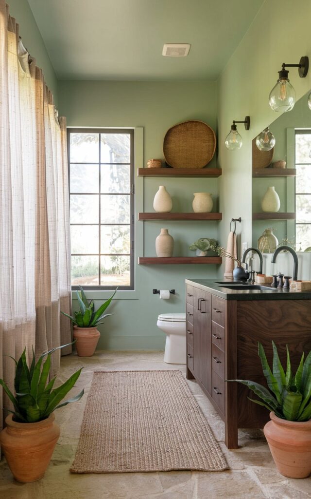 A photo of a lively modern rustic bathroom with walls painted in soft sage green. There is a dark walnut wood vanity and open shelving against the wall, showcasing natural textures like woven baskets and pottery. Matte black fixtures and hardware add modern accents. The floor is made of warm stone tile. There are large windows with sheer linen curtains, allowing ambient natural light to enter the space. A jute rug, green plants in terracotta pots, and vintage-style light fixtures complete the inviting, balanced, and textured atmosphere.