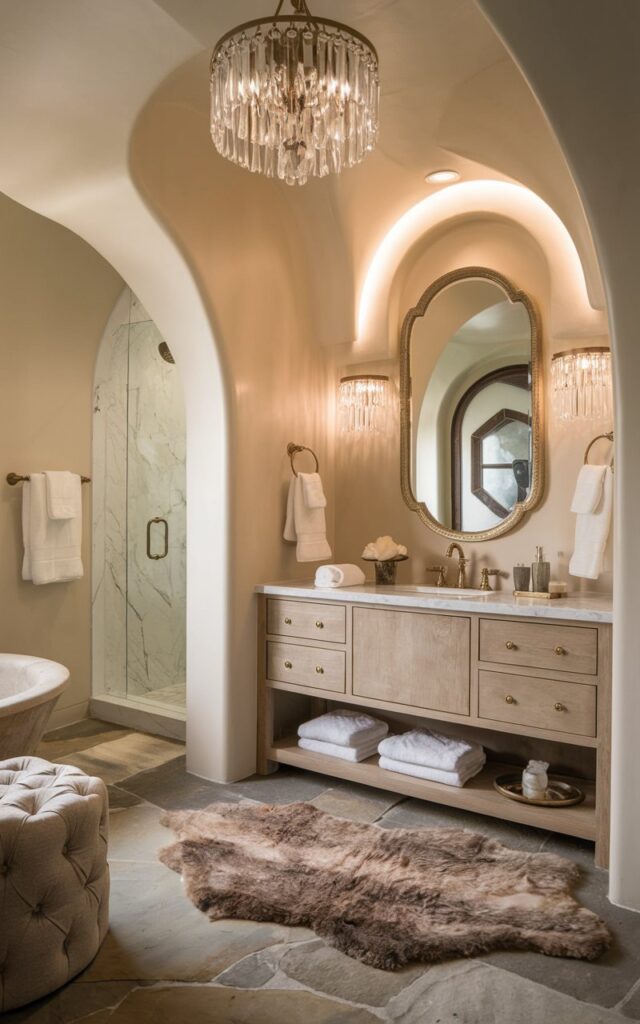 A photo of a luxurious Alpine chic bathroom painted in creamy neutral tones. The walls are in soft ivory and blend seamlessly with the warm stone flooring and a natural wood vanity. The room has a crystal chandelier, a gold-rimmed mirror, and brushed brass fixtures. There is a faux fur rug, fluffy towels, and a tufted ottoman. There are subtle marble accents and mood lighting. The room glows under soft lighting, creating a tranquil, lodge-meets-luxury retreat.