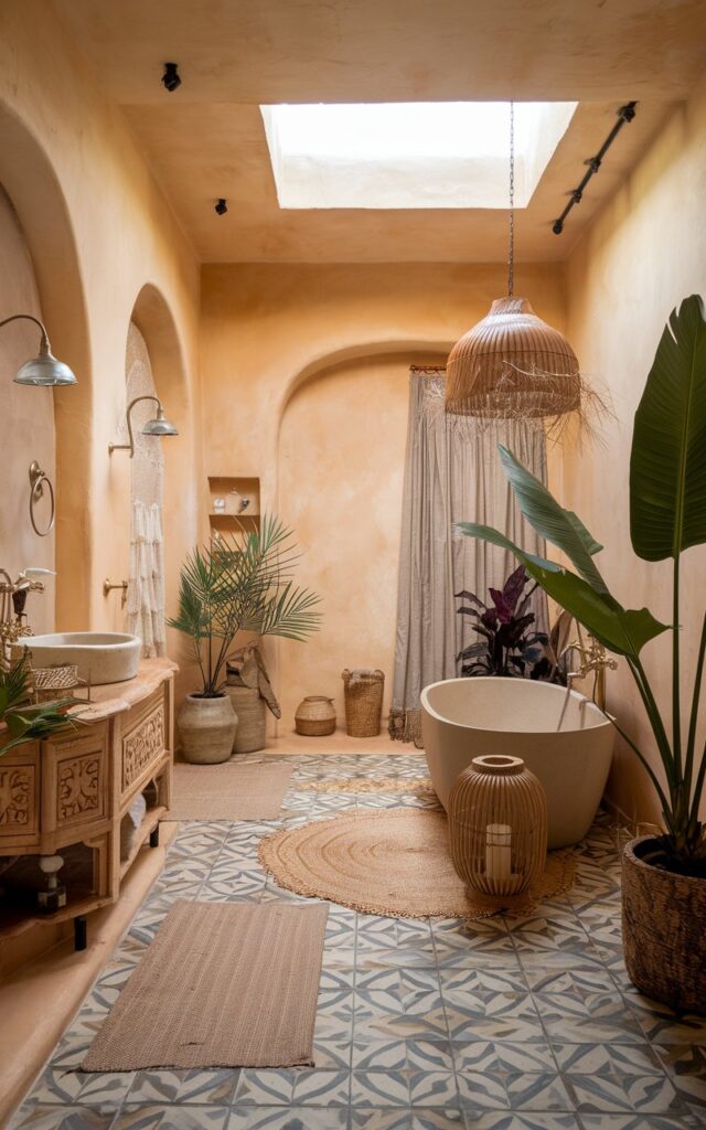 A photo of a luxurious boho bathroom with warm buttery beige walls. The space has a soft and laid-back elegance. The room features a freestanding tub on patterned tile flooring, surrounded by a rattan lantern, a layered woven rug, and an oversized leafy plant. There is a carved wood vanity, brass fixtures, and a skylight ceiling. The room also contains a few plants, a floor rug, and a curtained window.