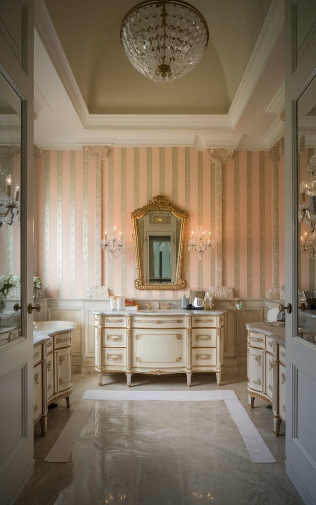 A photo of a luxurious European-inspired bathroom with a high ceiling. The room is furnished with a classic vanity with ornate gold fixtures and a gilded French-style mirror. The wall behind the vanity is painted with elegant vertical stripes in soft champagne and pearl hues. The floor is made of marble, and there is a glass chandelier overhead. The bathroom is fully furnished and well decorated. The lighting is soft and ambient.