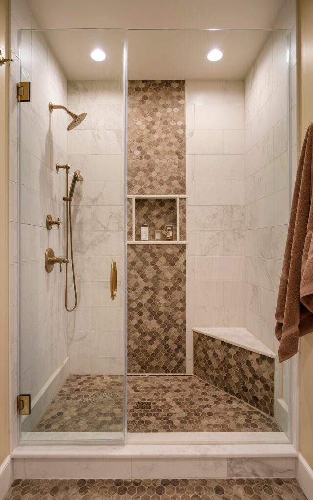 A photo of a luxurious walk-in shower with a mix of mocha and white tones. The walls are lined with large white marble tiles, while the shower niche and bench are made of rich mocha-toned mosaic tiles. A frameless glass enclosure encloses the shower, which features sleek gold fixtures and a rainfall showerhead. The mocha elements bring warmth and depth, balancing the brightness of the white for an inviting, spa-like feel. Soft lighting glows from recessed ceiling lights, and a plush towel in a matching mocha hue hangs nearby, completing the high-end, harmonious look.
