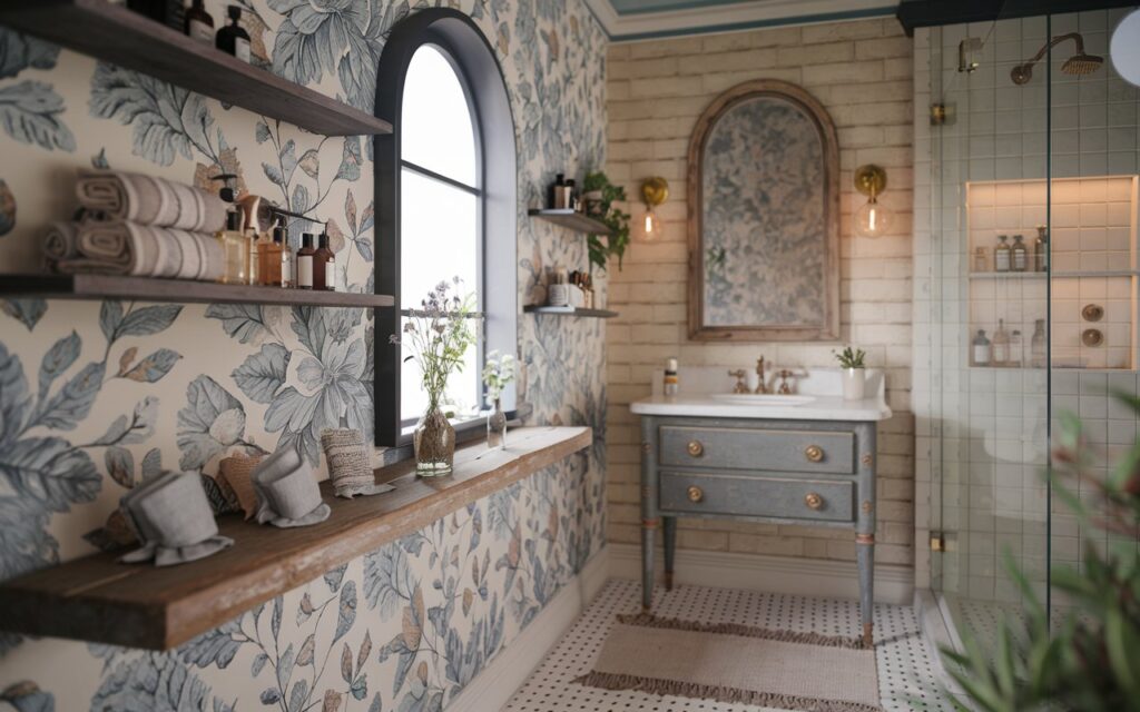 A mid-century meets French country bathroom with a floral wallpapered wall. There are floating wooden shelves with vintage perfume bottles, rolled linen towels, and small ceramic pots with herbs. Below a cottage-style window ledge, there is a single narrow wooden shelf made of weathered pine. It holds vintage glass perfume bottles, a tiny vase of wildflowers, and hand-stitched linen sachets. The shower area has recessed shelves with LED lighting. The vanity has tapered legs and brass knobs, and it sits beneath an arched mirror framed in distressed wood. The space is accented with a checkered tile floor, a fringed rug, and subtle gold lighting. There are plants in the bathroom.
