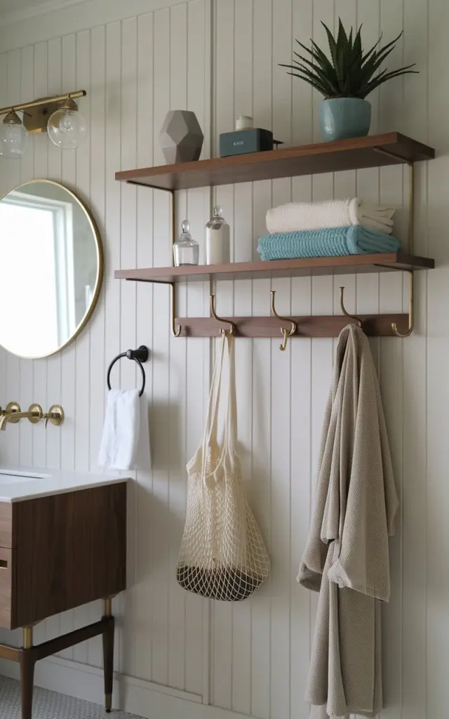 A photo of a mid-century modern bathroom with a sleek wall unit. The wall unit has floating walnut shelves above and clean-lined brass hanging hooks below. The shelves display geometric planters, neatly folded towels, and retro-style jars. The hooks below hold robes, mesh storage bags, or a vintage hairdryer. The wall is clad in vertical wood paneling. The bathroom also has a floating vanity, tapered legs, atomic light fixtures, and a minimalist round mirror.