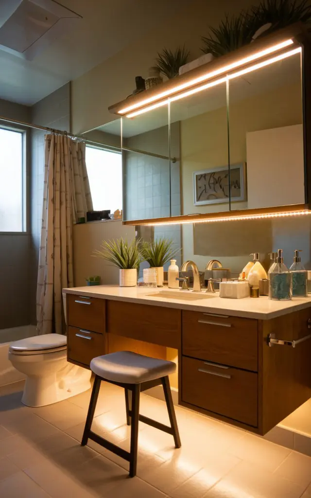 A photo of a mid-century modern bathroom with a vanity having a mirrored cabinet above. The cabinet has LED strips underneath that cast a warm glow on the countertop. The vanity is fully furnished with essentials, decor, and a plant. There is a stool placed under the vanity for seating. The bathroom also has a toilet, shower area, and a curtained window. The lighting in the bathroom is warm undercabinet lighting.