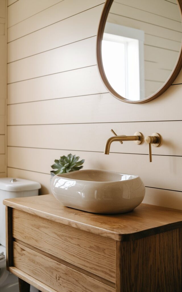 A photo of a mid-century modern farmhouse minimalistic bathroom. There's a sleek vessel sink with soft curved edges in smooth ceramic placed on a warm walnut vanity. The vanity has clean lines and tapered legs. A minimal brushed brass faucet is mounted on the countertop. The background features a shiplap wall in soft beige. A round mirror with a thin wooden frame hangs above the sink, and a single potted succulent is placed near the sink. The overall atmosphere is fresh, functional, and warmly minimal.