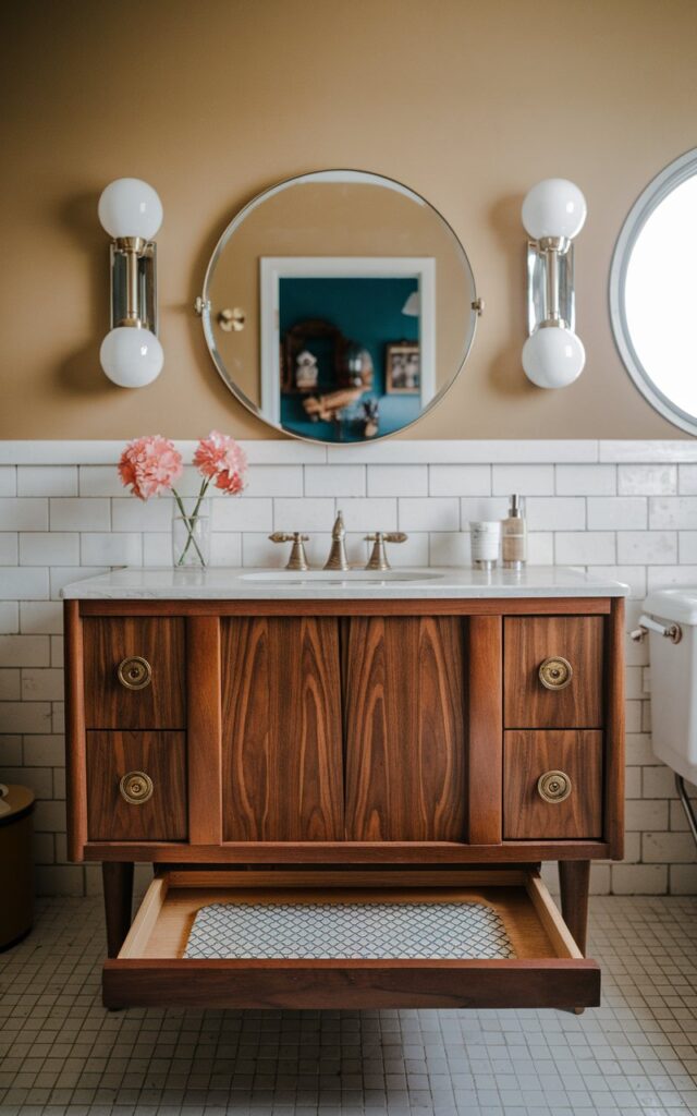 A photo of a mid-century modern vintage bathroom with a clever pull-out shelf hidden in the kickboard space of a retro-inspired walnut vanity. The vanity has tapered legs and brass hardware. The pull-out shelf, finished in the same wood, is lined with a geometric patterned mat. Above the vanity, a round mirror and atomic-style sconces reflect the era's flair. The room has a warm tone.