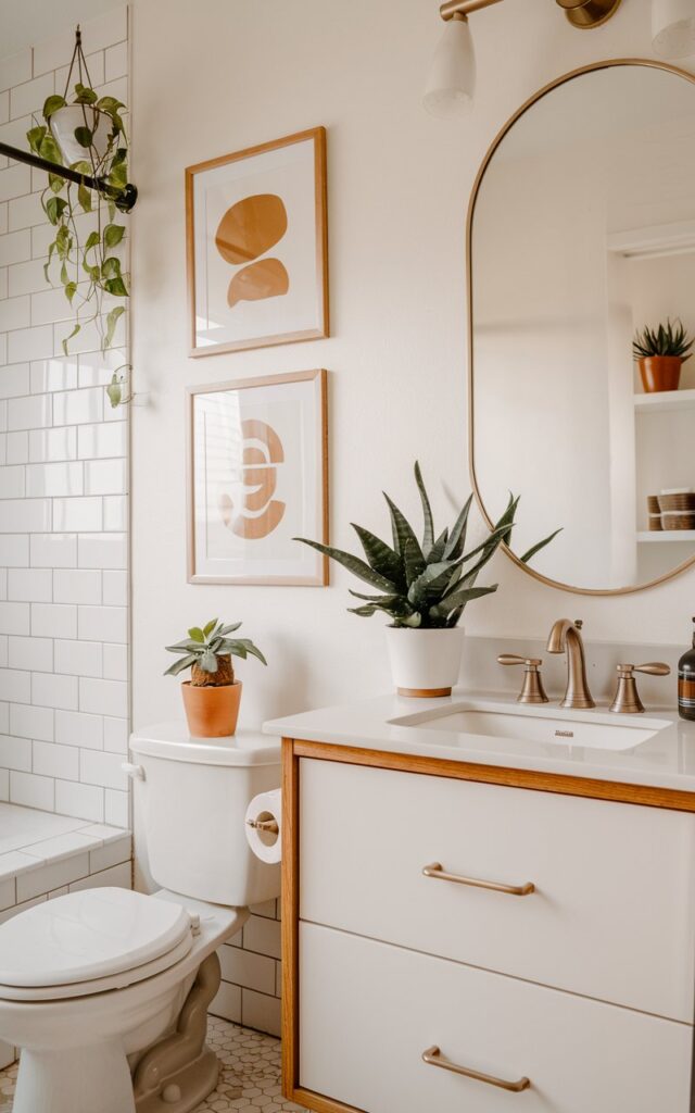 A photo of a mid-century modern white bathroom with clean lines, warm wood tones, and a subtle retro vibe. There is a toilet to the left and a vanity with a sink to the right. Above the toilet and beside the vanity are two to three minimalist art prints in slim oak frames. The bathroom has a few plants and is fully furnished. The overall look is balanced, stylish, and effortlessly cool.