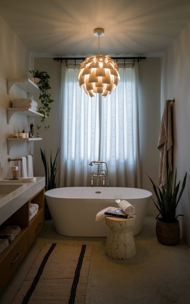 A photo of a minimalistic bathroom with a glam touch. There is a sculptural statement pendant light above a freestanding tub. Beside the tub, there is a stool with rolled towels, a wine glass, and a book. The bathroom has a vanity, open shelves, a floor rug, and a few plants. The room has no natural light, and the warm light from the pendant light lights up the whole space. The curtain on the window is fluttering.