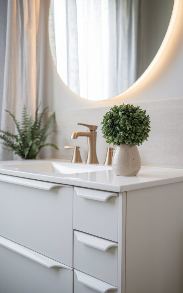 A photo of a minimalistic chic bathroom with a clean white vanity featuring sleek, handle-less drawers. On the vanity sits a small, modern ceramic pot holding a neatly pruned green plant—like a mini fern or peace lily—adding a subtle natural touch. The background includes a round backlit mirror, a light grey wall, and soft gold faucet fixtures. Natural light filters through a sheer curtain, enhancing the serene, uncluttered ambiance.