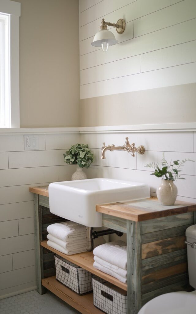 A photo of a farmhouse bathroom with a minimalistic design. There's a wall-mounted brushed nickel faucet above a reclaimed wood vanity with a white apron-front sink. The backsplash is white shiplap tile with soft gray grout. There's open shelving below the vanity for storing neatly folded towels and wire baskets. The room has a soft whites, warm wood tones, and muted grays color palette, with a touch of greenery in a small ceramic pot. The wall-mounted faucets free up counter space, enhancing the uncluttered and practical feel of this modern farmhouse-inspired space.