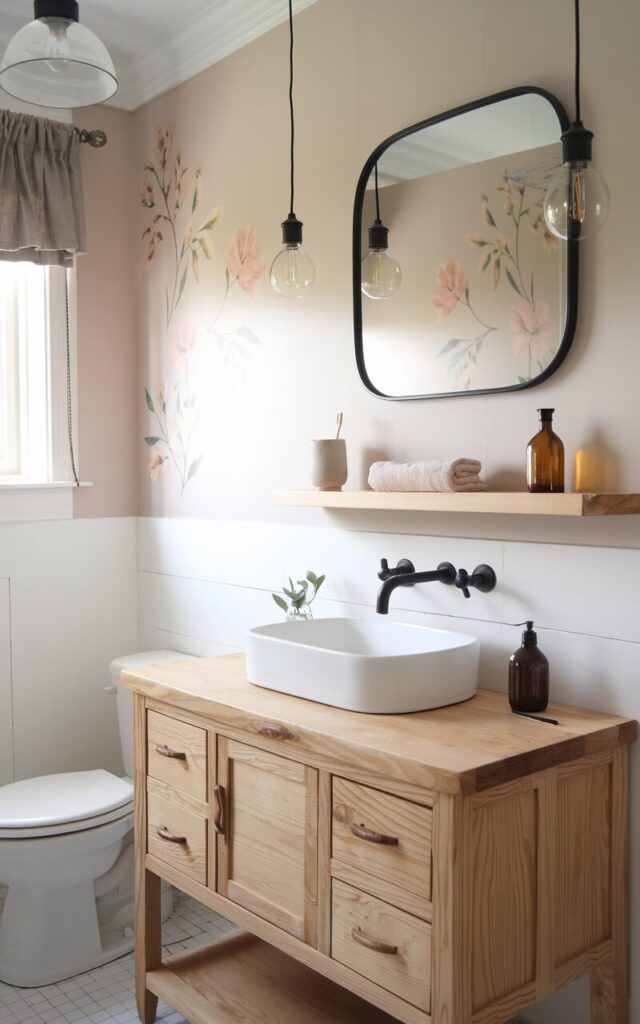 A photo of a minimalistic farmhouse bathroom with a single floating shelf above a simple wooden vanity. The shelf is crafted from lightly stained wood with a smooth, clean-lined design. On the shelf, only a few curated daily essentials: a matte ceramic toothbrush holder, a small amber glass bottle, and a neatly rolled hand towel. The vanity below is farmhouse-style with shaker drawers, topped with a white vessel sink and a matte black faucet. The walls have floral decals in pastel tones, and a mirror with a thin black metal frame sits just below the shelf. The space also has a toilet, pendant lights, and a curtained window.