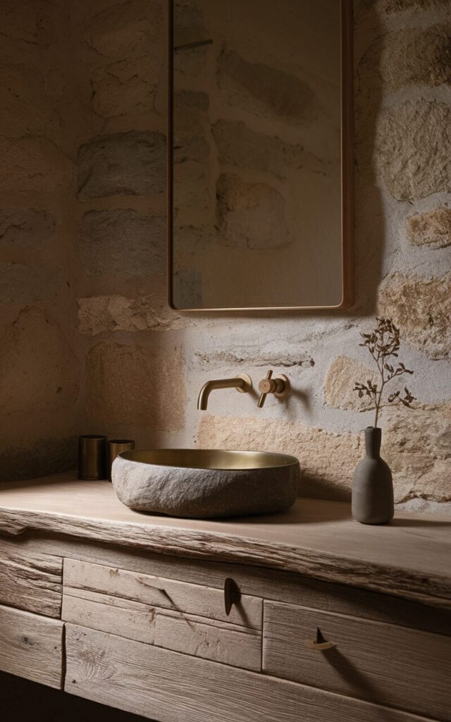 A minimalistic rustic bathroom with a sleek brushed brass tap and hardware installed above a simple, raw-edged stone sink. The faucet has clean, modern lines that contrast beautifully with the organic textures around it. The wall behind the sink is finished in exposed stone in muted, earthy tones. The vanity is made of reclaimed wood with a minimalist design—no ornate detailing, just clean cuts and visible grain. The brushed brass adds a warm, refined accent without overwhelming the space. A mirror with a thin wood border hangs above, and a single sprig of dried foliage sits in a neutral-toned vase nearby. The overall feel is quiet, grounded, and effortlessly elegant. Natural light is soft, even through the room.