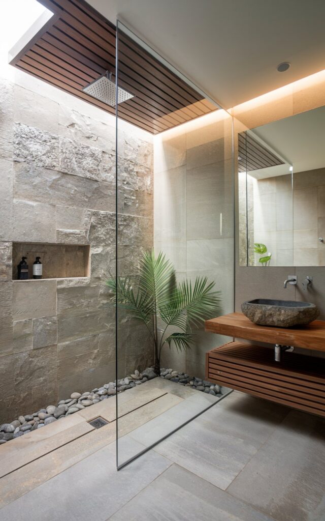 A photo of a modern Balinese minimalistic bathroom with frameless glass shower panels. The shower area has textured stone walls and a rainfall showerhead set into a recessed wooden ceiling panel. The bathroom features a floating teak vanity, a stone vessel sink, and a backdrop of large-format neutral tiles. Natural elements like a potted palm, river stones lining the shower floor, and slatted wood accents bring in Balinese warmth. Soft indirect lighting and a clutter-free design highlight the serene, spa-like mood.